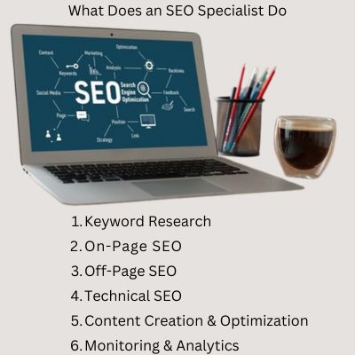 Infographic showing SEO specialist tasks like keyword research, technical SEO, and link building