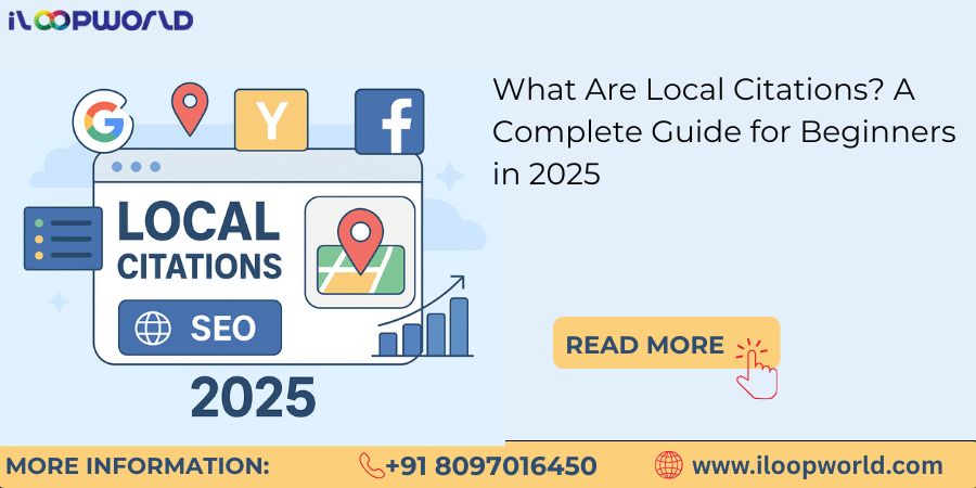 Illustration showing local citations with business directories, Google Maps, and SEO ranking icons.