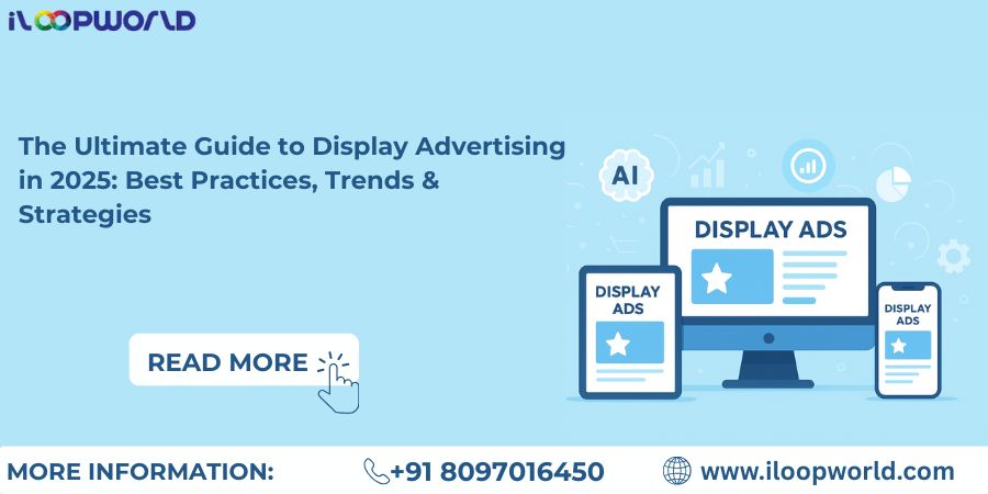 Display advertising concept for 2025 showing ads on desktop, tablet, and mobile with AI and analytics icons.