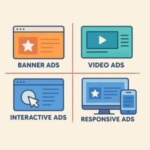 Illustration showing different types of display ads such as banner, responsive, video, and interactive formats.